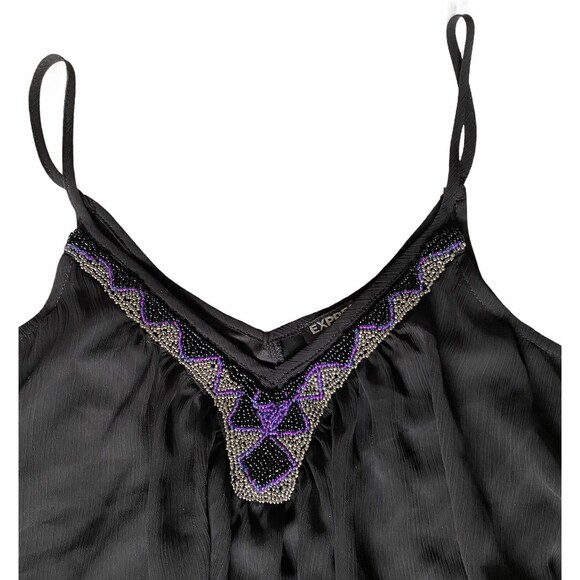 Express Womens XS Black Spaghetti Strap Sheer/Lined Short Dress Flowy Beaded - Picture 5 of 7
